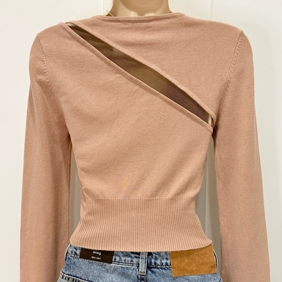 H:ours Jacklyn Sweater Cutout Mesh Cropped Neutral Tan Small Revolve Chic Edgy - Picture 7 of 11